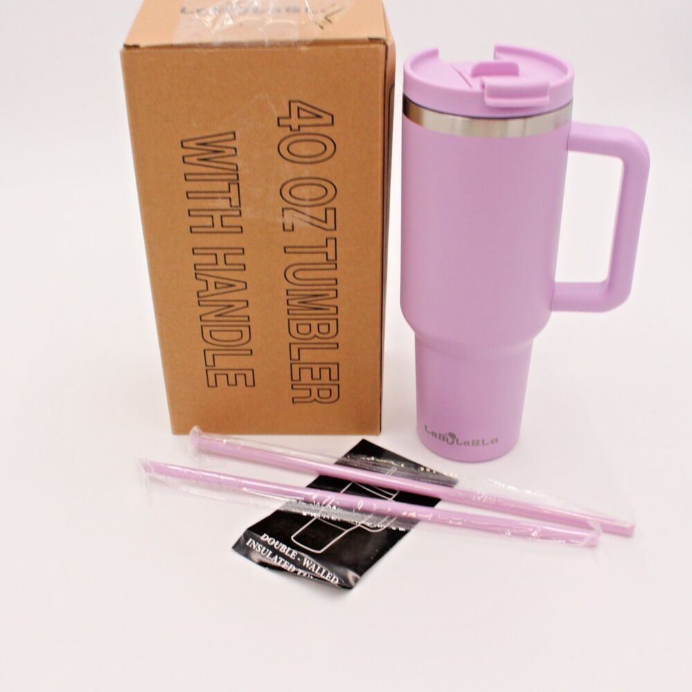 Labulabla 40oz Insulated Travel Tumbler Handle Lid Straws Lavender Purple New